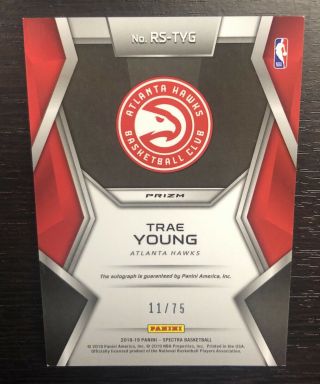 11/75 TRAE YOUNG 2018 - 19 Spectra Rising Stars Rookie Auto Jersey 1/1 Autograph 2