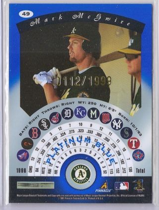 1997 PINNACLE TOTALLY CERTIFIED PLATINUM BLUE MARK MCGWIRE ' d 1999 2