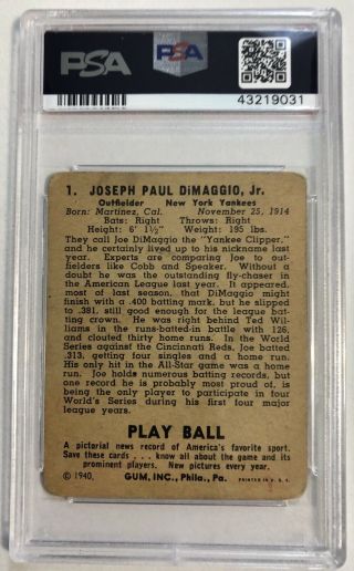 1940 Play Ball Baseball Card,  Joe DiMaggio 1,  PSA 1 2