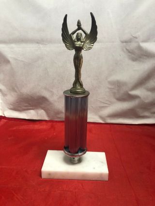 Vtg Metal Winged Goddess Holding Torch Trophy With Marble Base Art Deco Decor