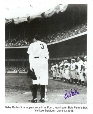 Bob Feller Autographed Photo Babe Ruth Making Final Appearance Yankee Stadium