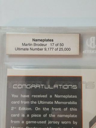 2001 - 02 Martin Brodeur BAP Ultimate Memorabilia Nameplates,  Beckett Graded 9 mnt 4
