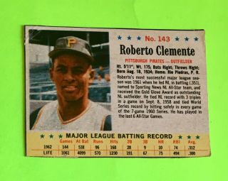1963 Post Cereal Baseball Card - 143 Roberto Clemente - Vg,  Hand Cut