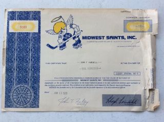 Midwest Saints,  Inc.  Stock Certificate Minnesota World Hockey Association Team