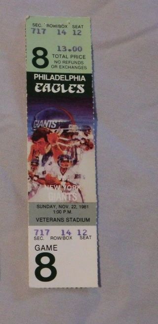 1981 Philadelphia Eagles Vs York Giants Ticket Stub November 22 1981