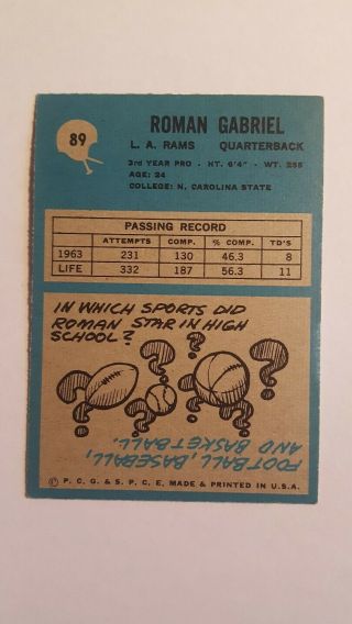 1964 Philadelphia 89 Roman Gabriel Los Angeles Rams Football Card 2