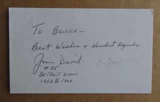 Jim David Signed Autograph 3x5 Index Card Nfl 6x Pro Bowls 1952 - 59 Lions D.  2007