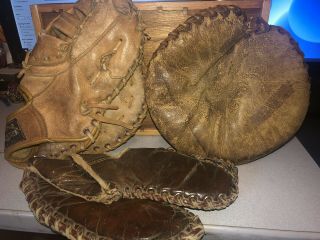 2 Vintage Baseball Gloves: Catcher Mitt & 1st Baseman Mitt Plus 3rd Glove