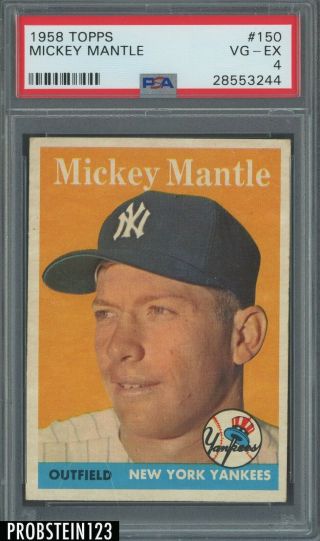 1958 Topps 150 Mickey Mantle York Yankees Hof Psa 4 Vg - Ex