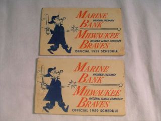 2 Vintage Mlb Milwaukee Braves Marine Bank Official 1959 Pocket Schedules