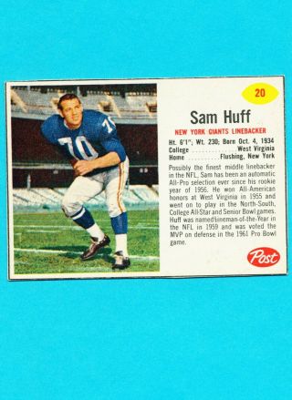 1962 Post Cereal Football 20 Sam Huff York Giants