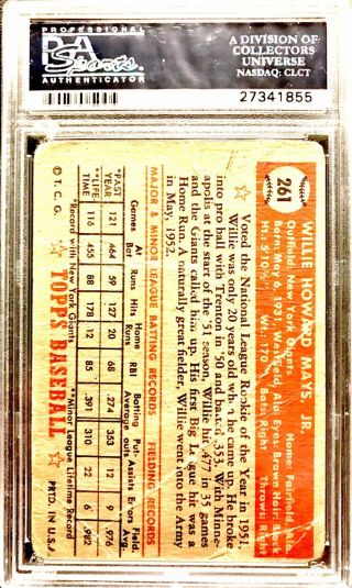 1952 Topps 261 Willie Mays York Giants HOF - Vibrant PSA 1 (MK) 2