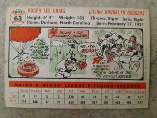 1956 Topps 63 Roger Craig Rookie RC Dodgers Baseball Card 2