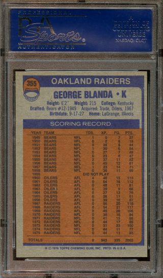 1976 Topps GEORGE BLANDA 355 Football Card PSA 8 Nm - Mt 2
