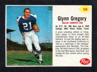 1962 Post Cereal Football 134 Glynn Gregory Smu Dallas Cowboys Ex - A