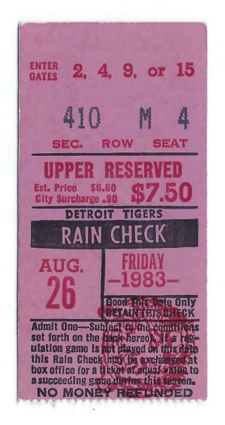 Alan Trammell,  Glen Wilson Home Runs Ticket Stub; Blue Jays At Tigers 8/26/1983