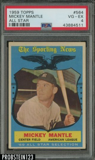 1959 Topps 564 Mickey Mantle York Yankees All Star Hof Psa 4 Vg - Ex
