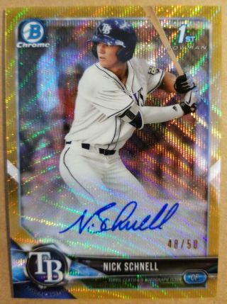 2018 Bowman Chrome Gold Wave Refractor Nick Schnell Rays Rc Rookie Auto /50