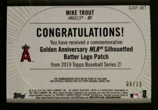 2019 Topps Series 2 Mike Trout GAP - MT RED /25 MLB Logo Patch Angels SP 2