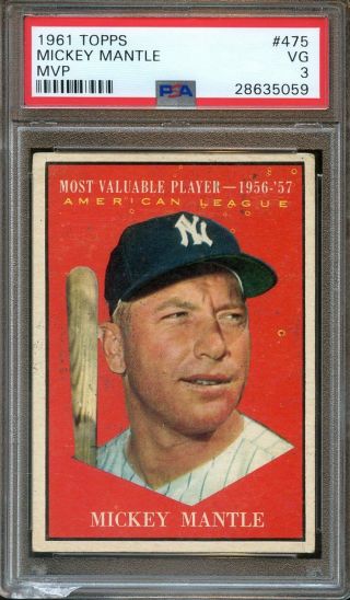 1961 Topps Baseball Card 475 Mickey Mantle Mvp York Yankees Psa 3 Vg