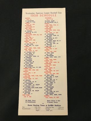 Washington Senators 1958 Press Radio TV Guide Baseball Roster Schedule KILLEBREW 2