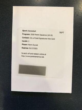 Kevin Durant 2018 - 19 Panini Opulence City Of Gold Signatures Holo Gold /10 
