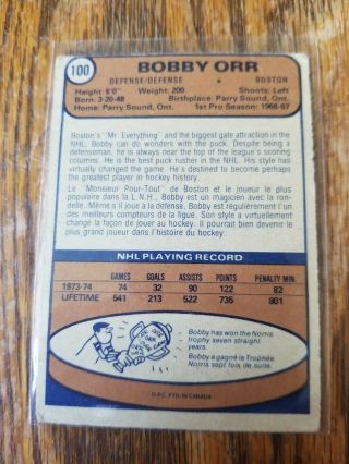 1974 - 75 O - Pee - Chee Bobby Orr 100 Hockey Card 2