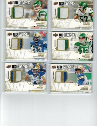 2019 Upper Deck Cfl Game Jersey Patch Brett Lauther 13/25 Sk Roughriders 2clr