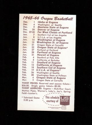 Old 1965 - 66 University of Oregon Ducks BASKETBALL POCKET SCHEDULE Jim Barnett 2