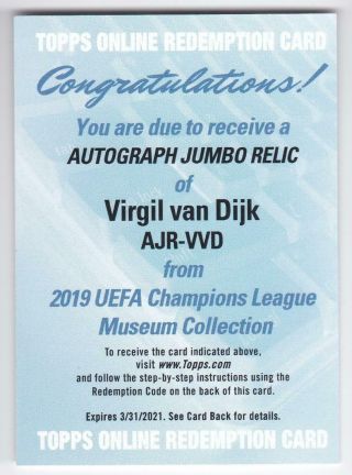 18 - 19 Topps Museum Virgil Van Dijk Jumbo Jersey Auto /99 Liverpool Fc