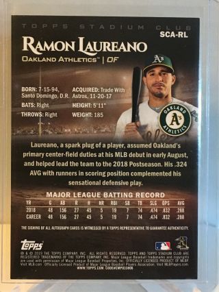 2019 Stadium Club Baseball Ramon Laureano Auto Rookie Card Oakland A’s 2