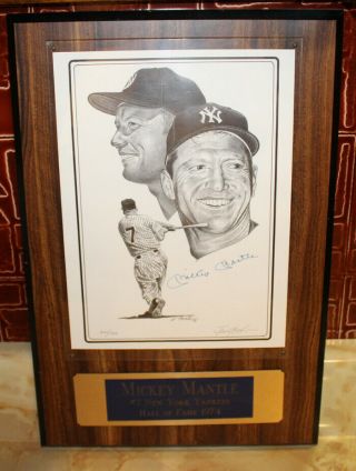 Mickey Mantle Signed Autographed Jerry Hersh Print On Plaque Limited Edition