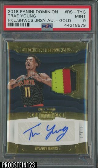2018 - 19 Panini Dominion Gold Trae Young Hawks Rpa Rc Patch Auto /10 Psa 9