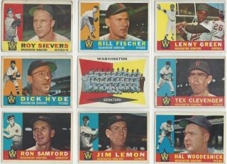 9 Topps 1960 Washington Senators Baseball Cards,  Team Photo & Eight Others
