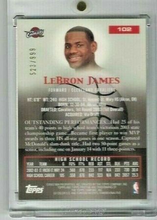 2003 - 04 TOPPS PRISTINE LEBRON JAMES RC ROOKIE 523/999 CLEVELAND CAVALIERS 2