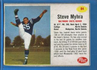 1962 Post Cereal Football Card 84 Steve Myhra (sp) - Baltimore Colts