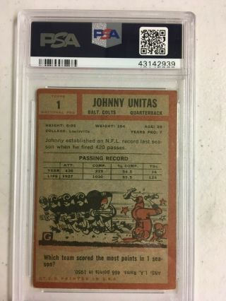 1962 Topps 1 Johnny Unitas Baltimore Colts HOF PSA 4 VG - EX 2