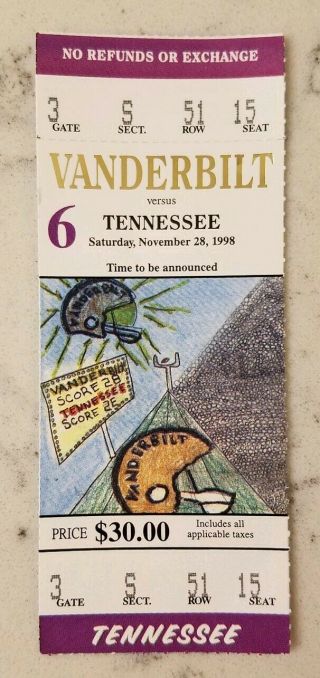 Vanderbilt Tennessee Volunteers Football Full Ticket 11/28 1998 Stub Tee Martin