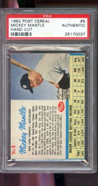 1962 Post Cereal 5 Mickey Mantle Yankees Psa Auth Graded Baseball Card Mlb