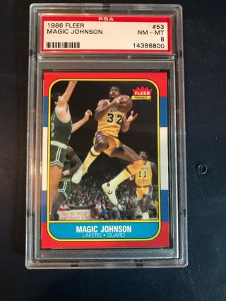 1986 - 87 Fleer Basketball Magic Johnson 53 Psa 8 Nm - Mt Lakers