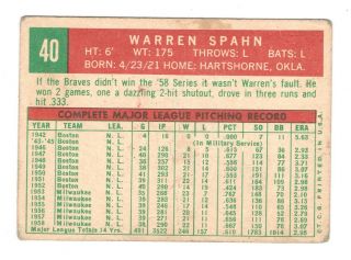 1959 Topps Baseball WARREN SPAHN card 40 MILWAUKEE BRAVES grades about GOOD 2