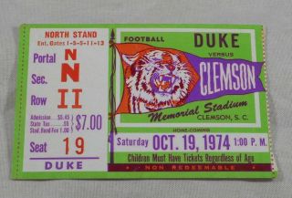 Vintage 1974 Clemson Tigers Duke Blue Devils Football Ticket Stub University