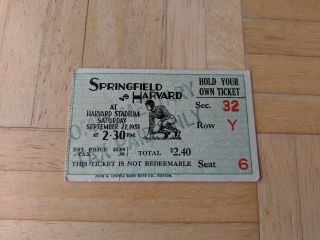1951 Harvard University Football Ticket Stub Vs.  Springfield College - Great Cond.