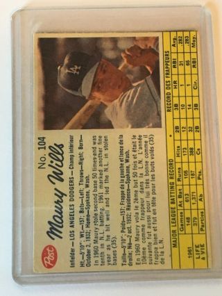 1962 Post Canadian Baseball 104 Maury Wills Ex - Nm Los Angeles La Dodgers Card