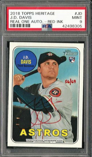 J.  D.  Davis 2018 Topps Heritage Real One Autographs Red Ink 56/69 Psa 9 Rc