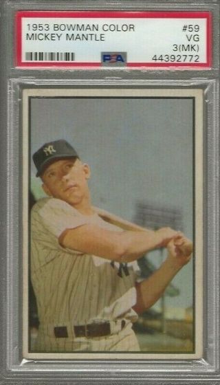 1953 Bowman Color Mickey Mantle 59 York Yankees Psa 3 Vg (mk)
