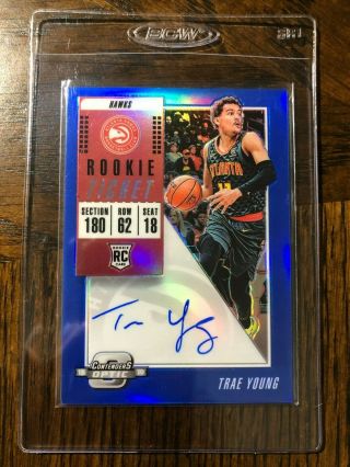 2018 - 19 Contenders Optic Trae Young Rc Rookie Ticket Variation Auto Blue 23/49