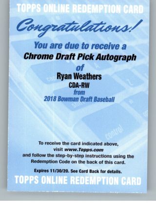 2018 Bowman Draft Chrome Prospect Autograph Auto Ryan Weathers