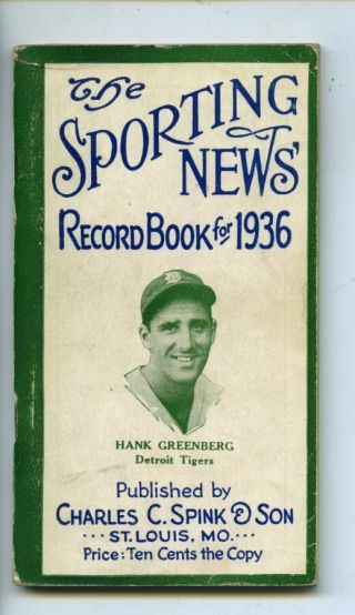 Sporting News Record Book For 1936 W/ Hank Greenberg Cover Detroit Tigers