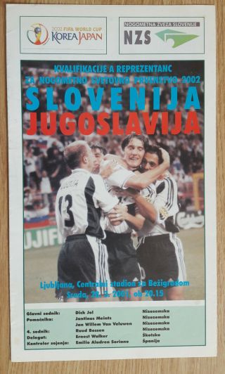 Football Programmes Slovenia Yugoslavia 28.  3.  2001 Qualifications World Cup 2002
